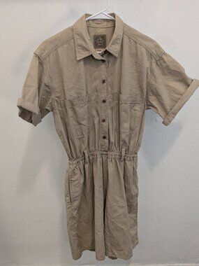 Vtg AMI 80s/90s Y2K Khaki Short Sleeve Romper Med Elastic Waist Button Up Safari